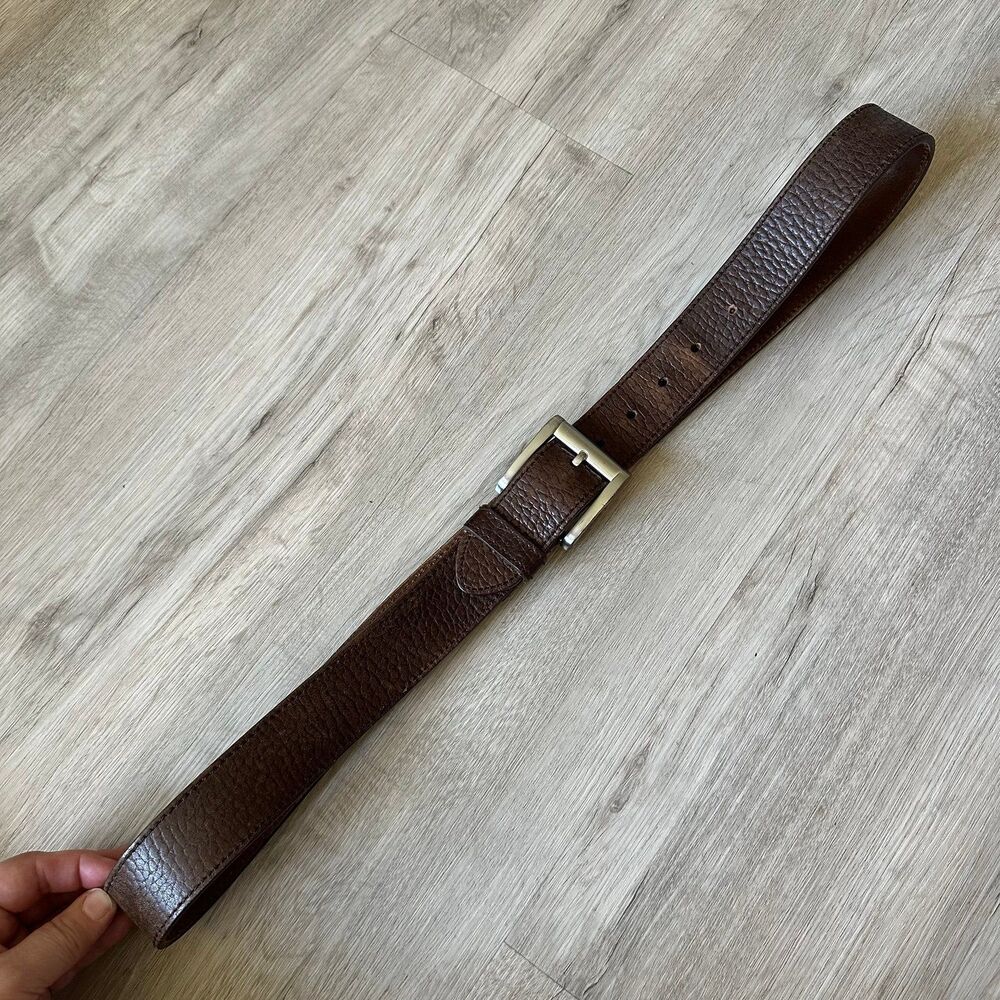 Dark Brown Men's Textured Genuine Leather Belt with Heavy Silver Buckle Size 44